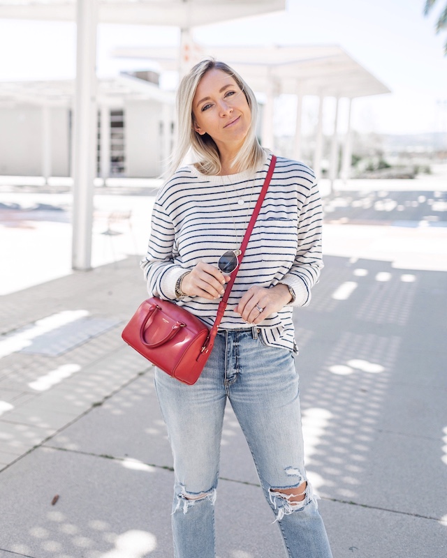 Daze denim, Target sweater, Saint Laurent handbag, Steve Madden sneakers | My Style Diaries blogger Nikki Prendergast